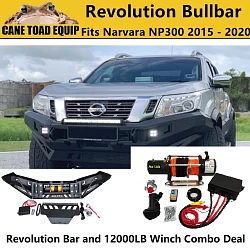 Revolution Bullbar & Winch Combo for Navara NP300 D23 2015-19 Airbag Compatible ADR Matte Black Steel