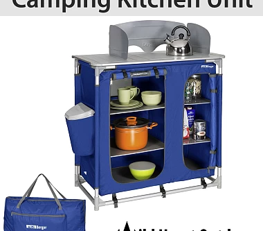 Image of Camping Kitchen Unit Cook Table Foldable Storage Cupboard Windshield