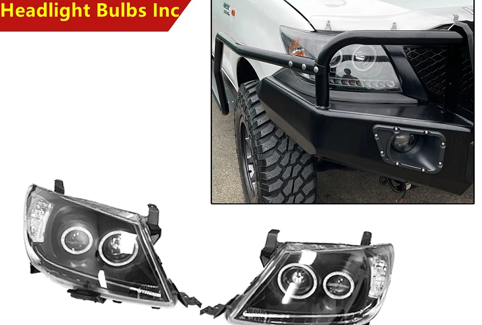 Headlights Black DRL Halo Projector Angel Eyes Pair Fits Toyota HILUX N70 2011-2015